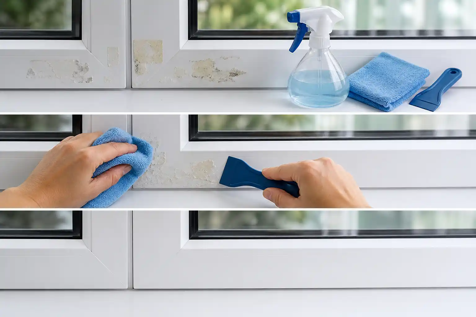 Drei Phasen am weißen Kunststofffensterrahmen: Klebereste vorher, Abwischen mit Tuch und seitliches Abschieben mit einem blauen Kunststoffspachtel, danach sauberer Rahmen