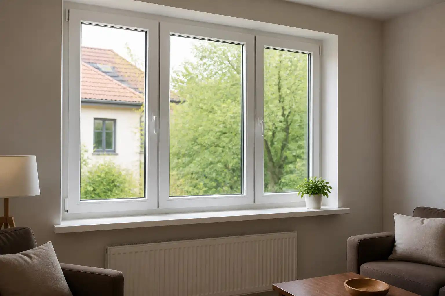 Wohnzimmer mit großem dreiteiligem weißem Kunststofffenster, sauberem Rahmen und Blick ins Grüne