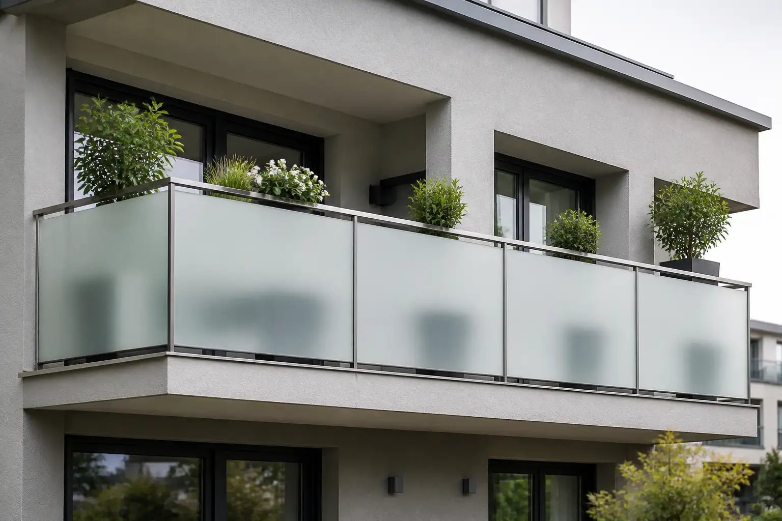 Balkon eines modernen Mehrfamilienhauses mit Glasgeländer, dessen Scheiben vollflächig mit satinierter weißer Milchglasfolie beklebt sind