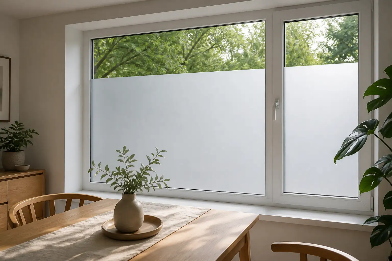 Modernes Kunststofffenster mit Isolierglas, die unteren zwei Drittel innen mit matt weißer Milchglasfolie beklebt, oben klare Sicht auf Bäume