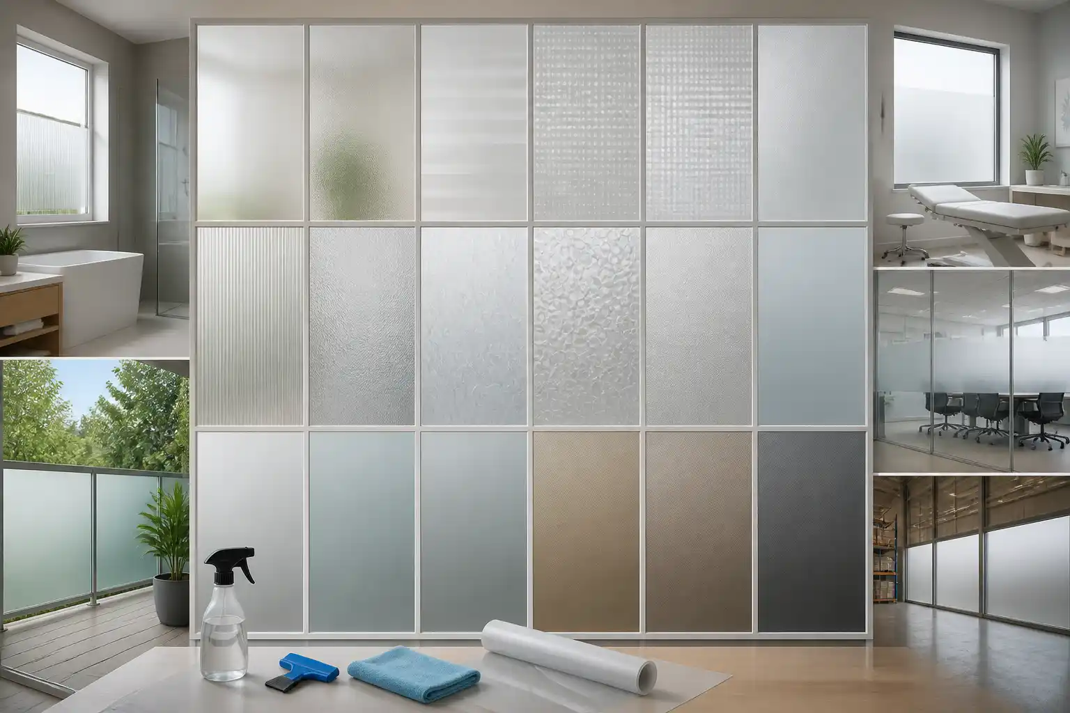 Musterwand mit verschiedenen Milchglas- und Dekorfolien von matt weiß über gestreift bis bronze und grau, daneben Anwendungen in Bad, Praxis, Büro, Lager und am Balkongeländer, davor auf dem Tisch Sprühflasche, Rakel, Tuch und eine Folienrolle