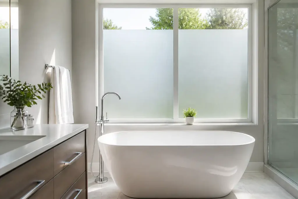 Badezimmer mit freistehender Badewanne, das große Fenster unten mit matt weißer Milchglasfolie beklebt, oben klare Sicht ins Grüne