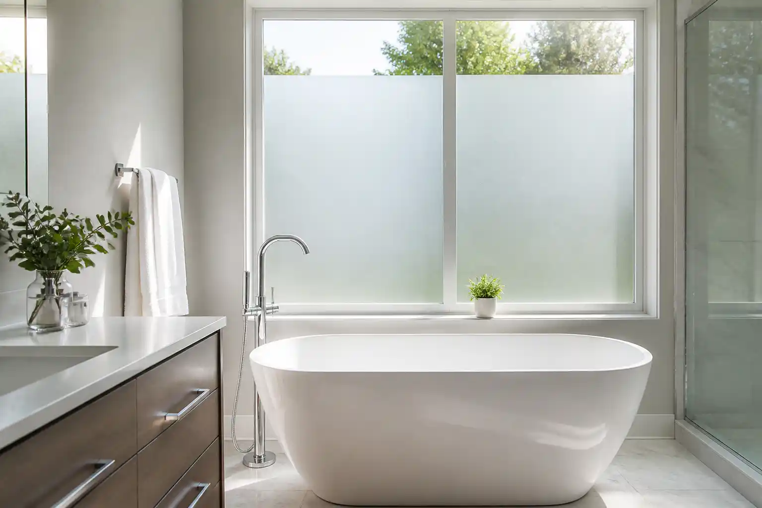 Badezimmer mit freistehender Badewanne, das große Fenster unten mit matt weißer Milchglasfolie beklebt, oben klare Sicht ins Grüne
