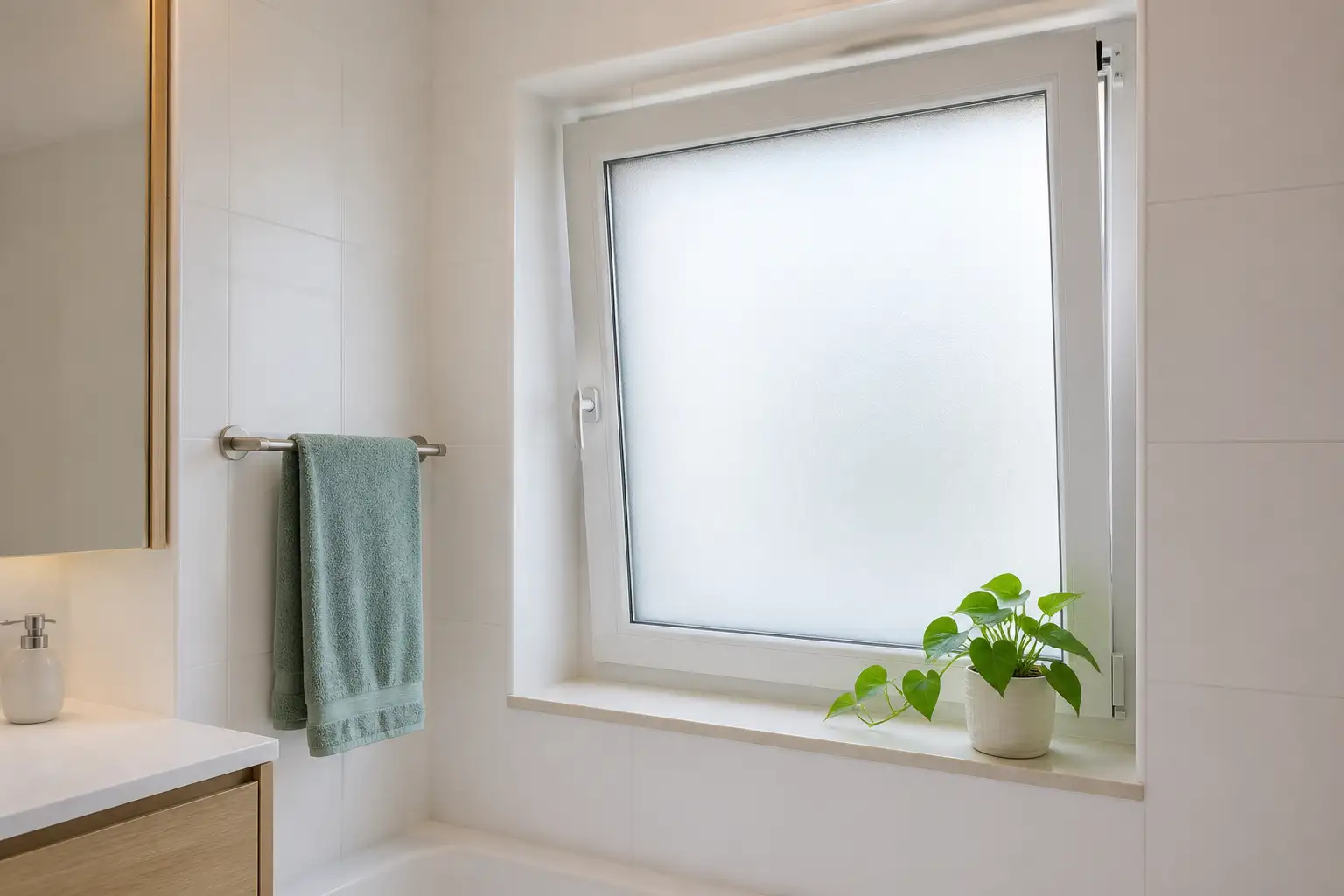 Helles Badezimmer mit weißem Dreh-Kipp-Fenster, dessen Glas vollflächig mit einer weißen satinierten Milchglasfolie beklebt ist, davor eine Grünpflanze