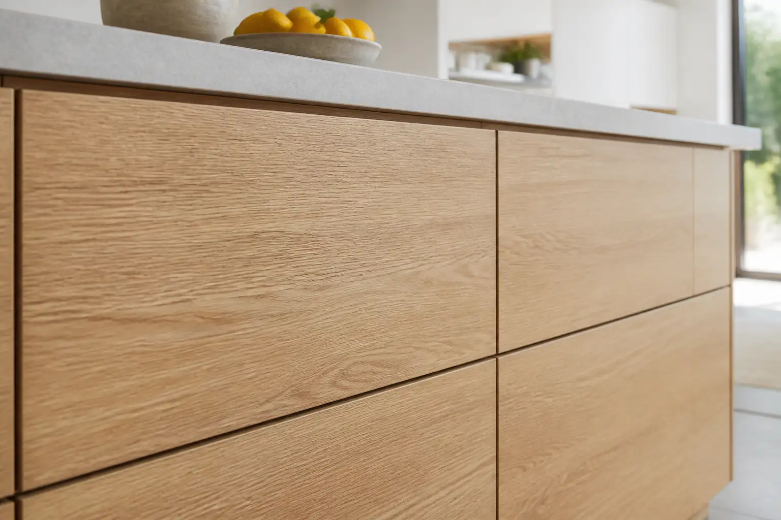 Grifflose Küchenfronten mit matter Oberfläche in heller Eichen-Holzoptik unter einer grauen Arbeitsplatte