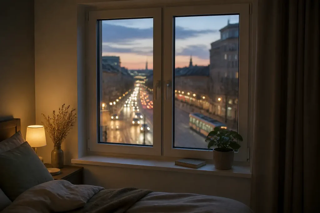 Geschlossenes weißes Fenster in einem Schlafzimmer am Abend, draußen eine belebte Straße mit Autos und Straßenbahn
