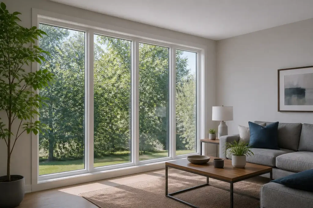 Helles Wohnzimmer mit großer, klarer Fensterfront aus Isolierglas, dahinter grüne Bäume, davor Sofa und Couchtisch