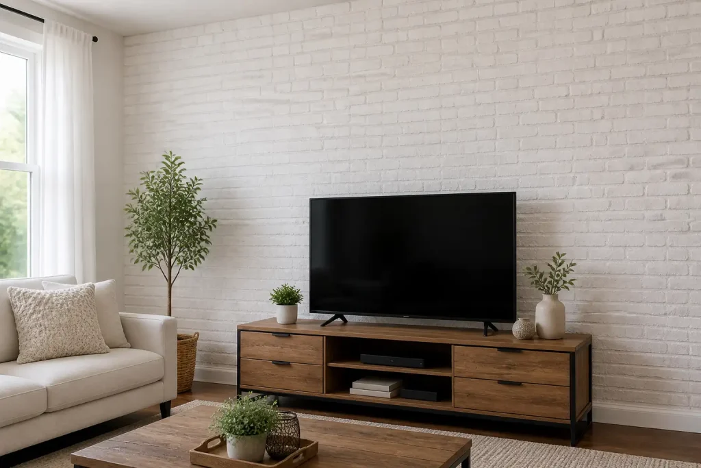 Wohnzimmer mit TV-Möbel vor einer durchgehenden Wand in weißer Ziegeloptik