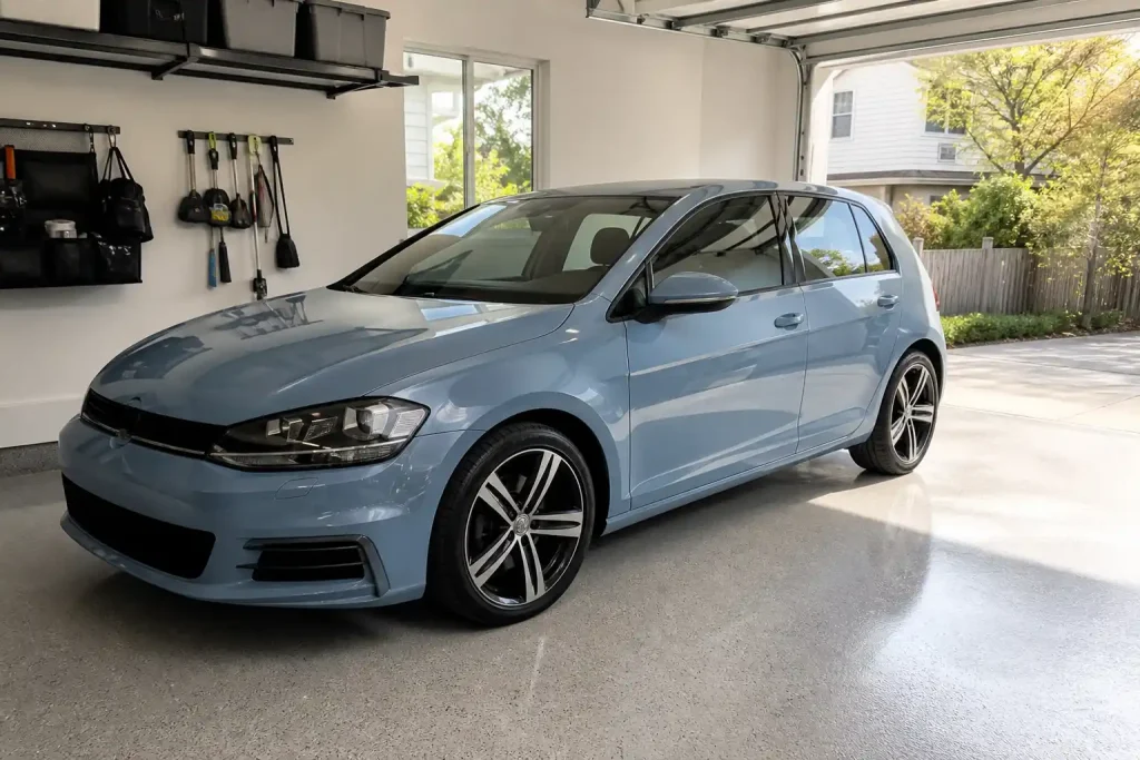 Hellblauer Kompaktwagen in einer hellen Garage mit Werkzeugwand