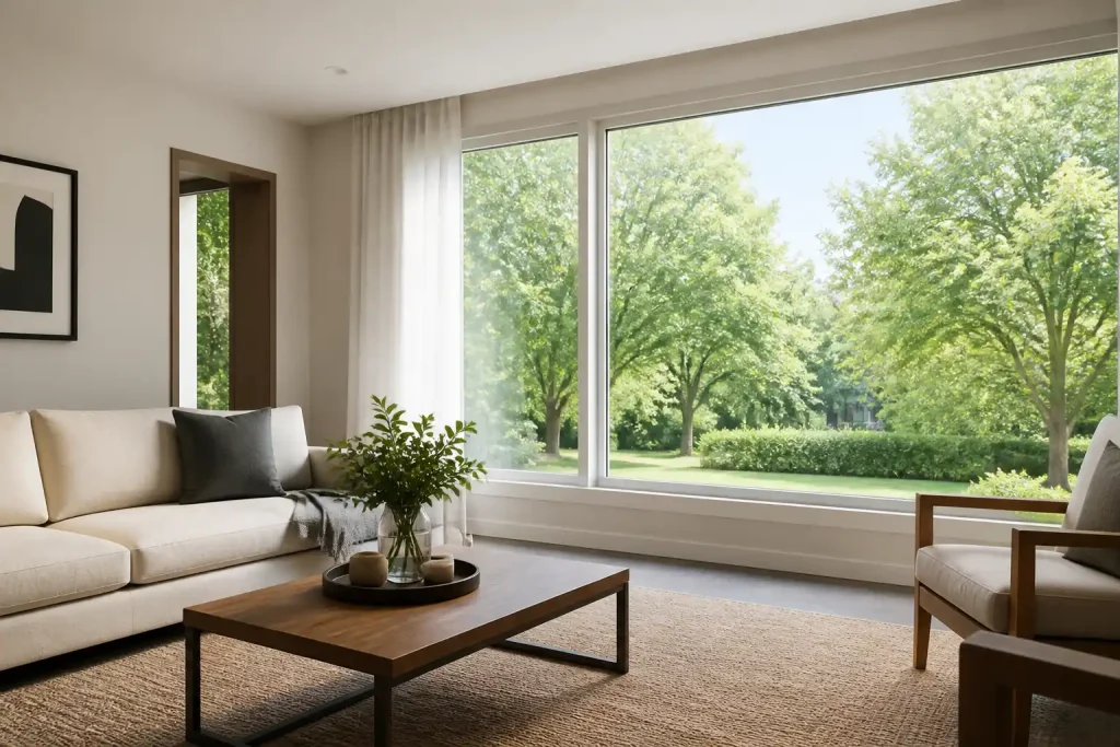 Wohnzimmer mit großer, klarer Fensterfront zum Garten, davor ein helles Sofa und ein Holztisch