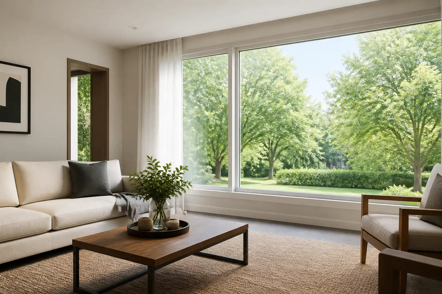 Wohnzimmer mit großer, klarer Fensterfront zum Garten, davor ein helles Sofa und ein Holztisch