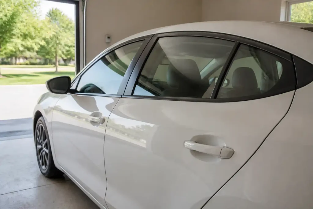 Weißes Auto in einer hellen Garage, die hinteren Seitenscheiben sind dunkel getönt