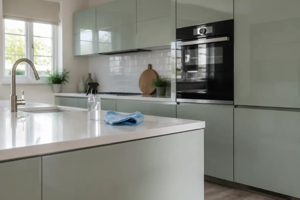 Moderne Küche mit glänzenden salbeigrünen Fronten, auf der Arbeitsplatte eine Sprühflasche und ein weiches blaues Tuch