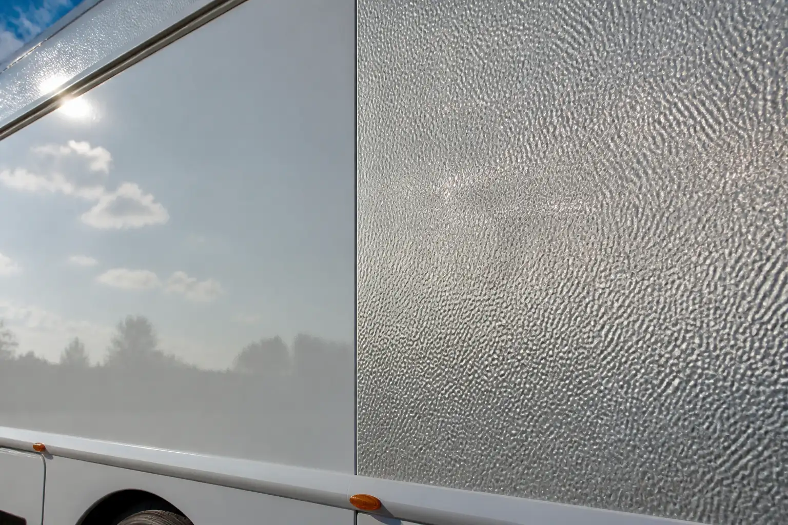 Wohnmobil-Seitenwand: links glatte, spiegelnde Fläche, rechts geprägtes Blech mit Hammerschlagstruktur