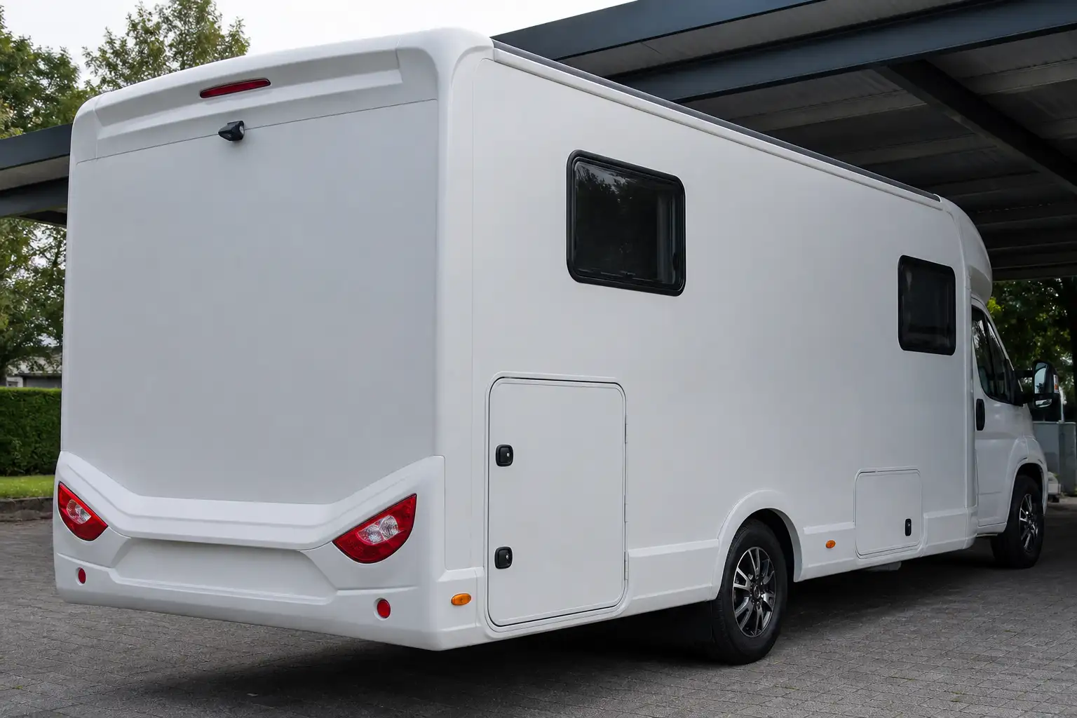 Weißes Wohnmobil mit glatter Seitenwand und Kunststofffenstern unter einem Carport im Schatten