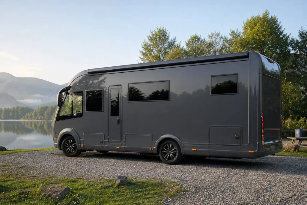 Wohnmobil mit glatter Aufbauwand in anthrazitgrauer Glanzfolie an einem See, Kunststofffenster ohne Folie