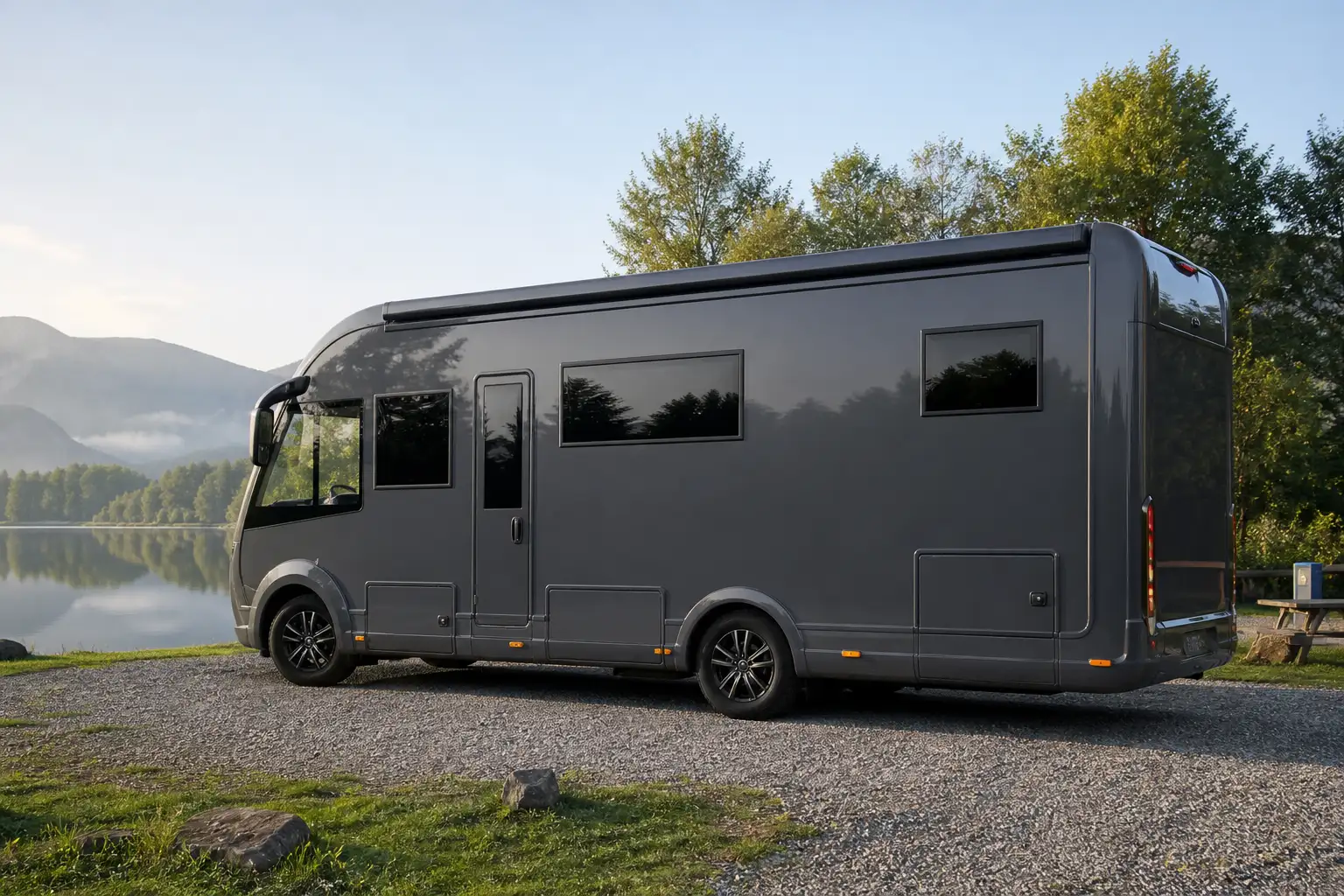 Wohnmobil mit glatter Aufbauwand in anthrazitgrauer Glanzfolie an einem See, Kunststofffenster ohne Folie