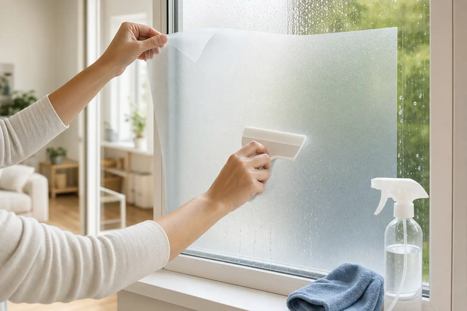 Selbsthaftende Sichtschutzfolie wird mit Rakel auf eine nasse Fensterscheibe aufgebracht, eine Ecke der Folie ist noch abgehoben