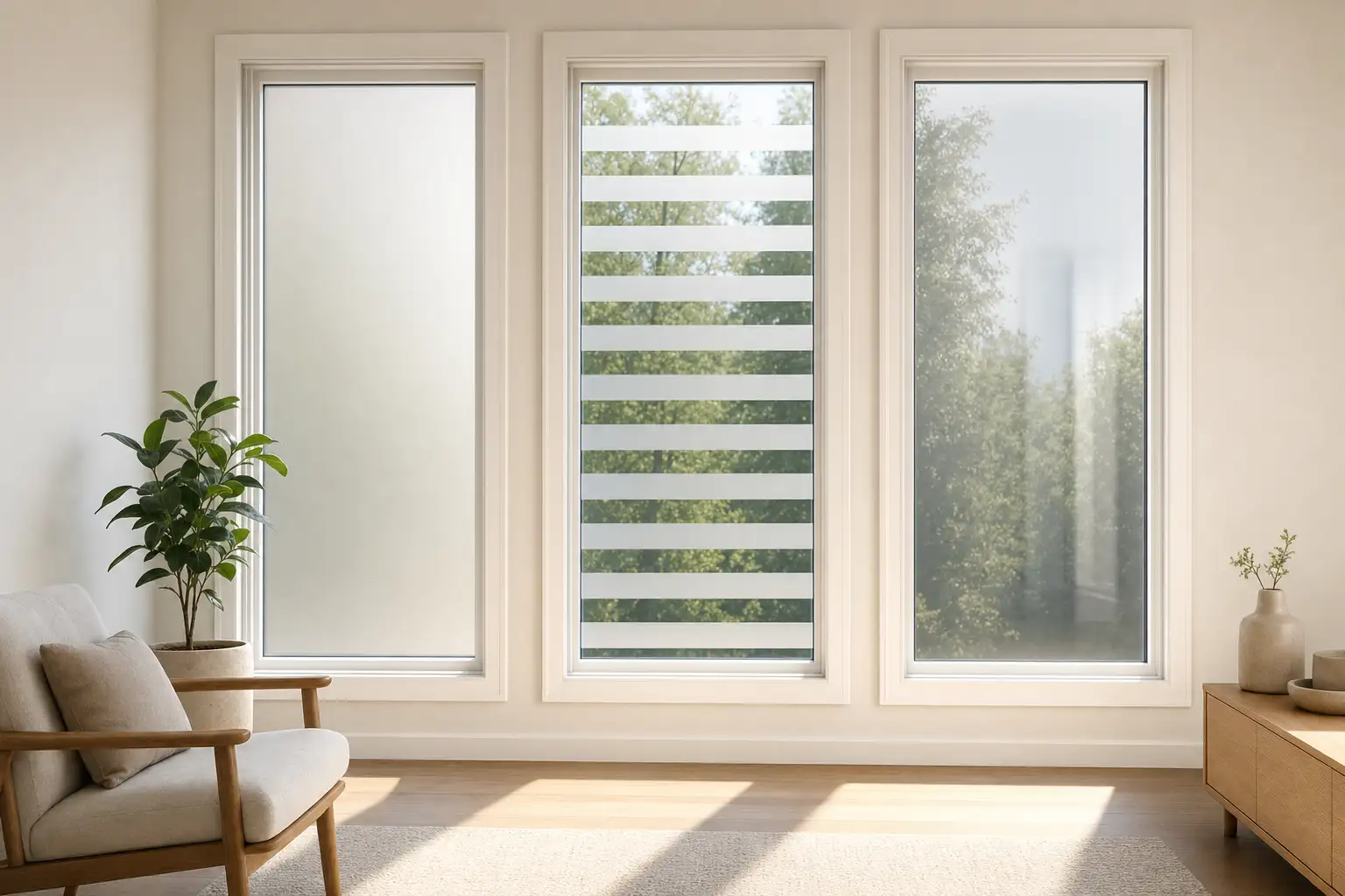 Drei Fenster nebeneinander mit unterschiedlichen Sichtschutzfolien: satinierte Milchglasfolie, Designfolie mit Streifen und leicht verspiegelte Folie in einem hellen Wohnraum