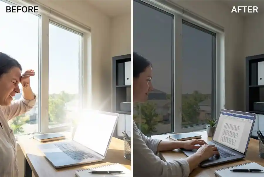 Vorher Nachher Blendschutzfolie Homeoffice