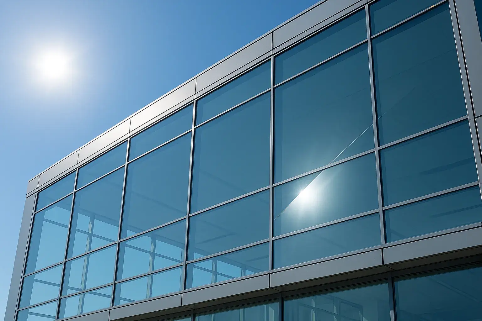 Sonnenschutzfolien an moderner Glasfassade mit Sonneneinstrahlung